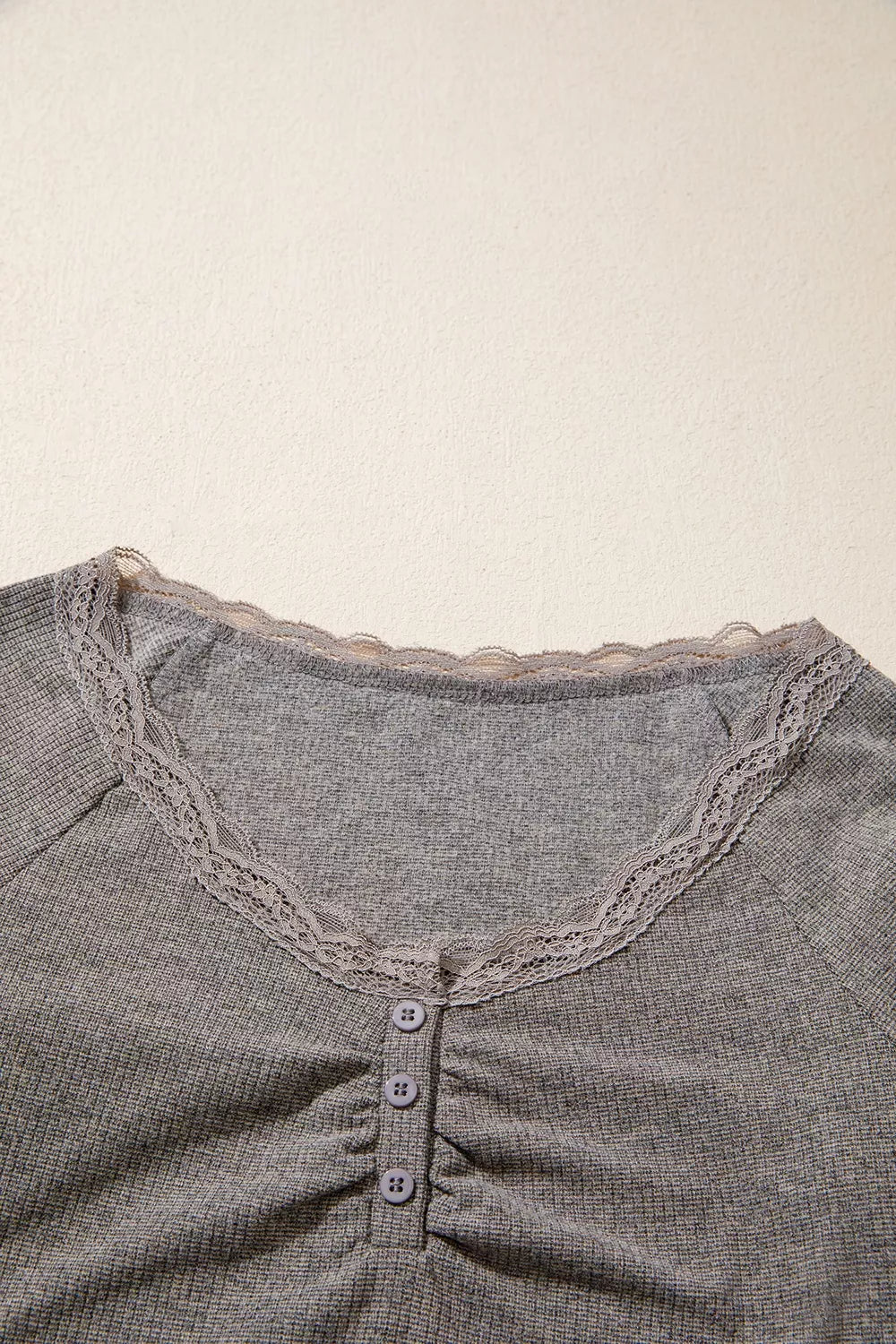 Ribbed Lace Trim V-Neck Button Detail Top in gray, neckline detail
