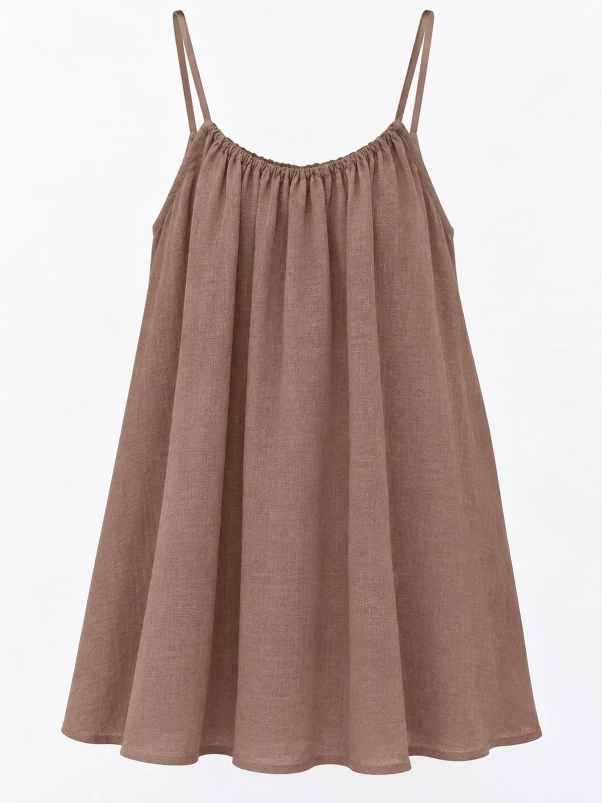 Taupe spaghetti strap A-line mini dress with open tie back