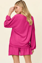 Trendsi Double Take Full Size Texture V-Neck Long Sleeve T-Shirt and Shorts Set - Shorts