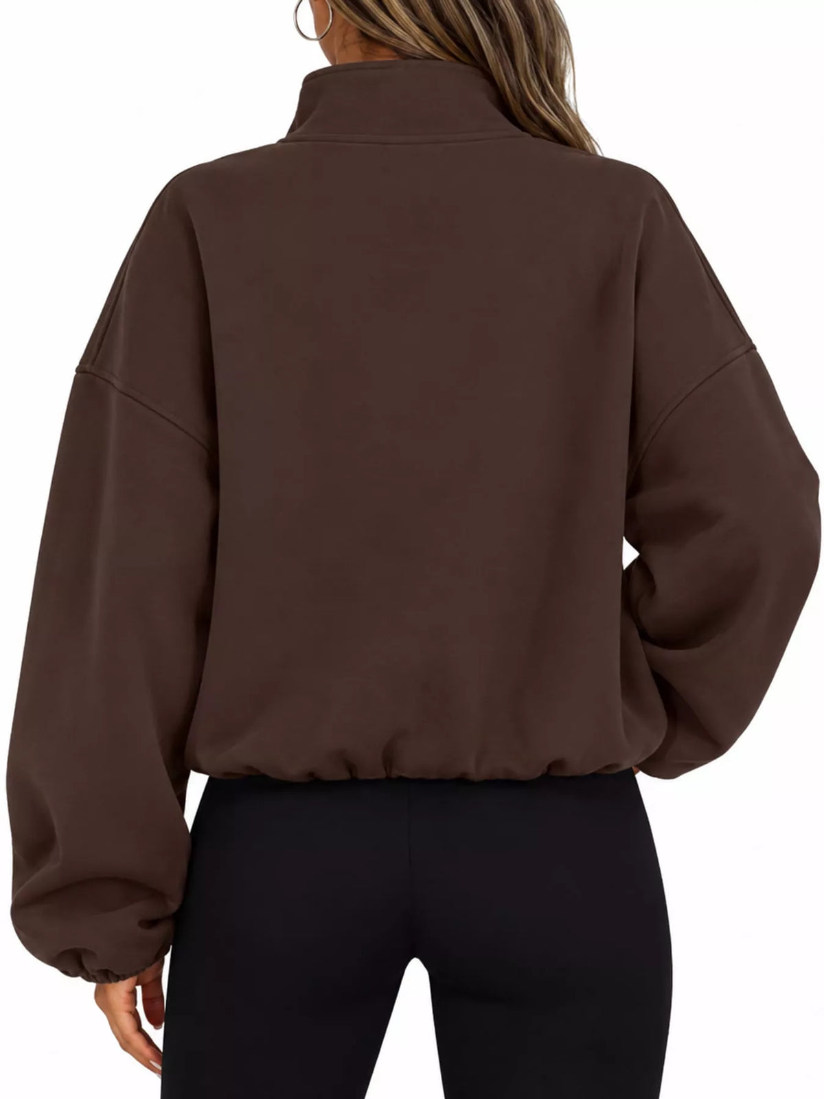 Brown drawstring hem zip-up jacket, back view