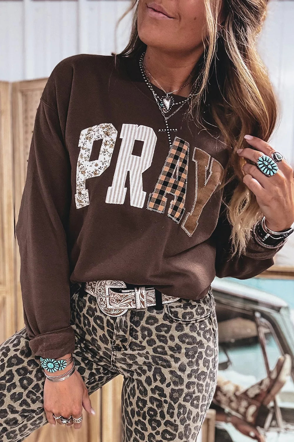 Trendsi Plaid 'PRAY' Crew Neck Sweatshirt -