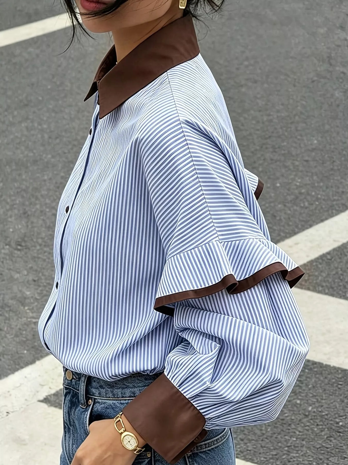 Contrast Collar and Cuff Striped Shirt — side view