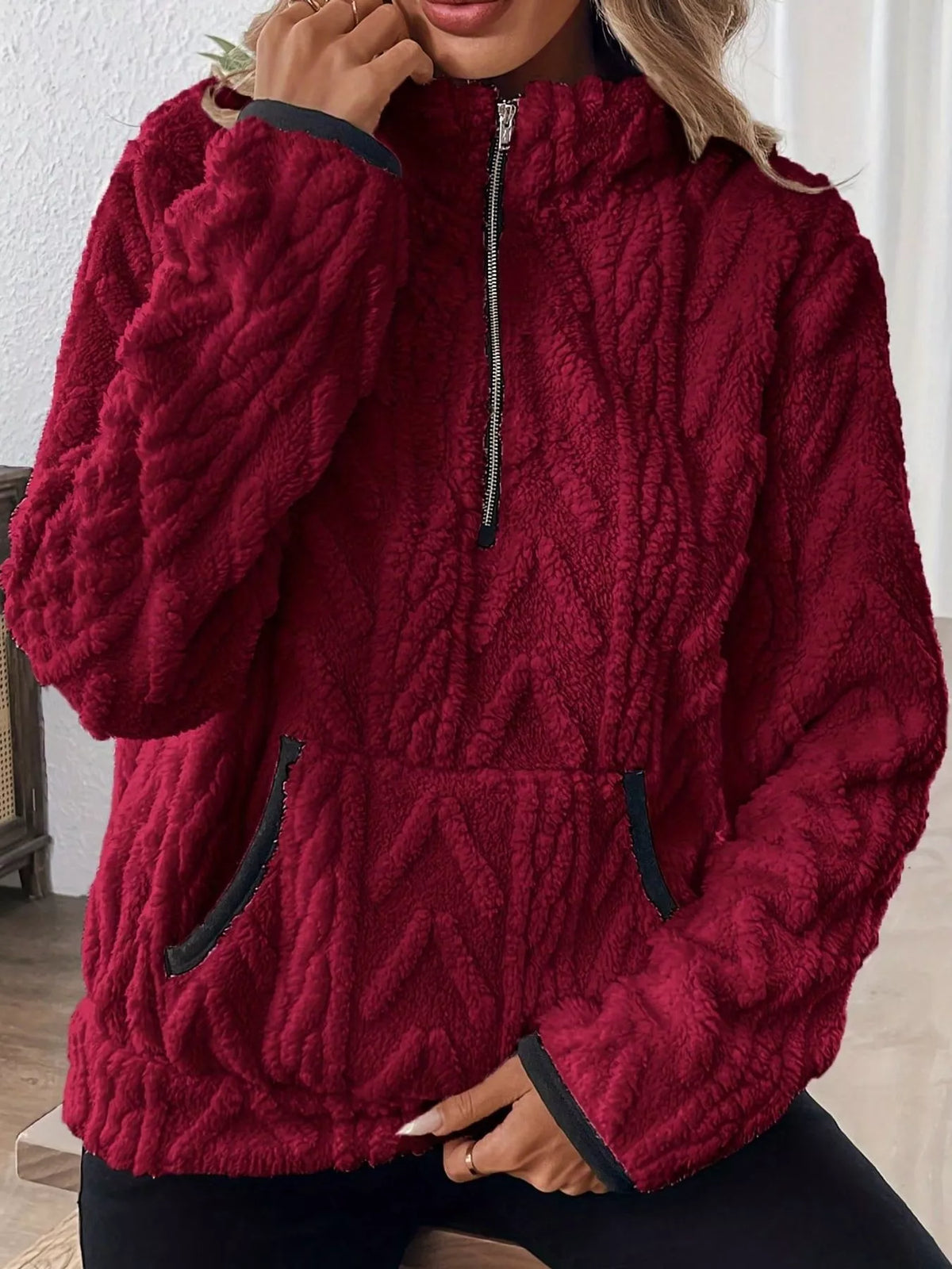 Women's Quarter-Zip Sherpa Sweatshirt in burgundy — front view
