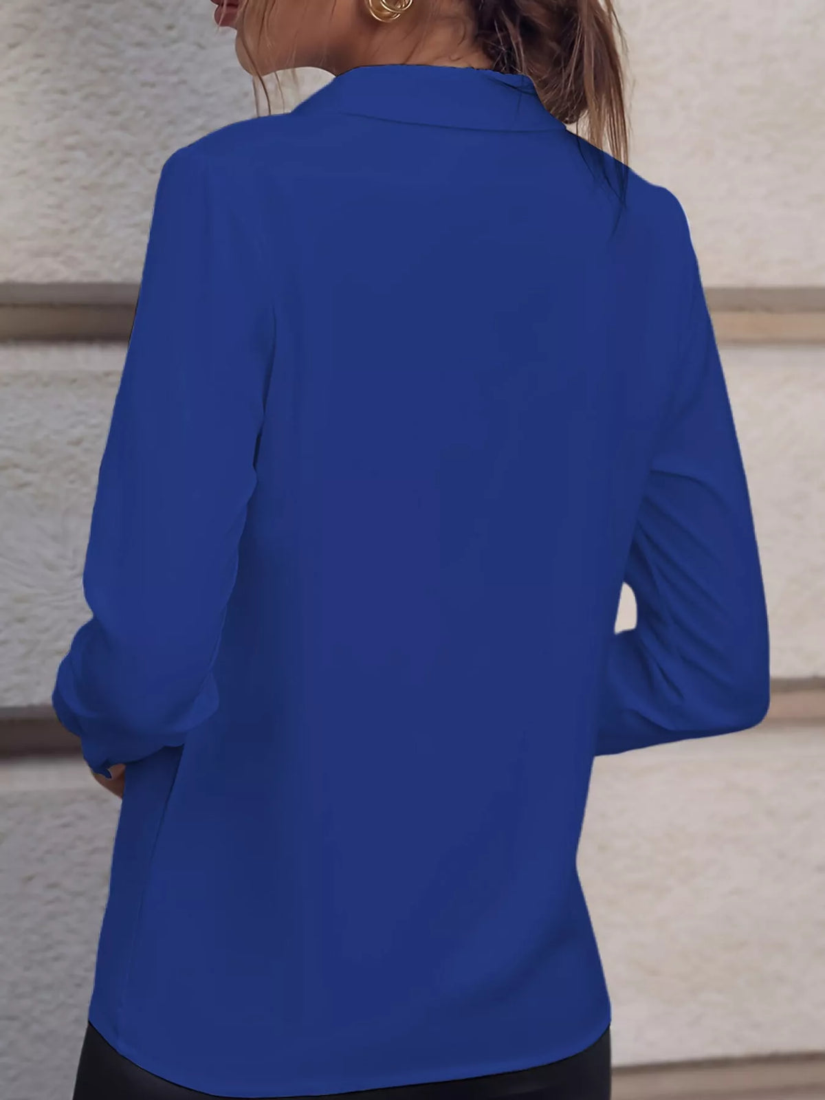 Women's Collared Clasp Detail Long Sleeve Satin Blouse in blue — back view