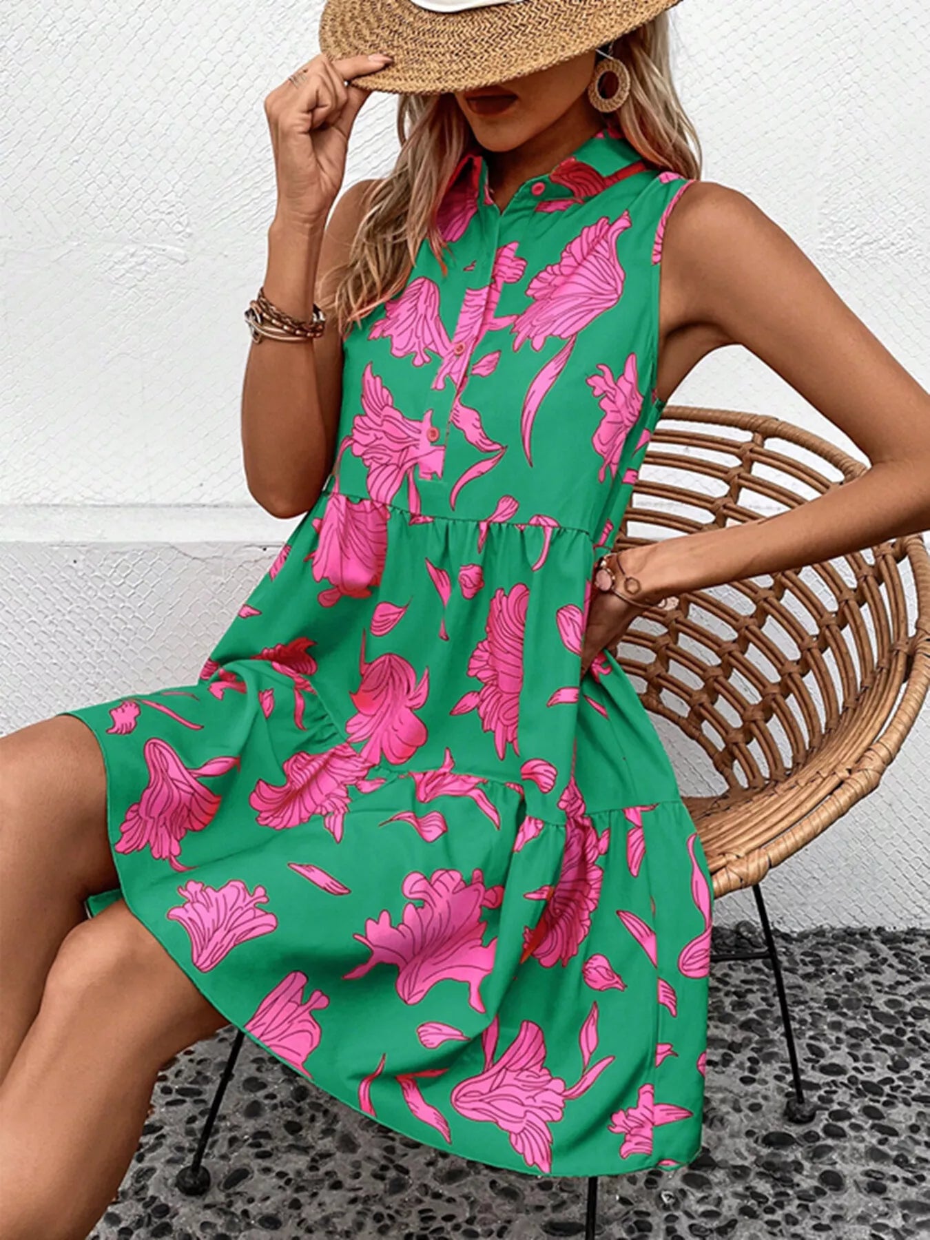 Trendsi Sleeveless Floral Print Tiered Shirt Dress -
