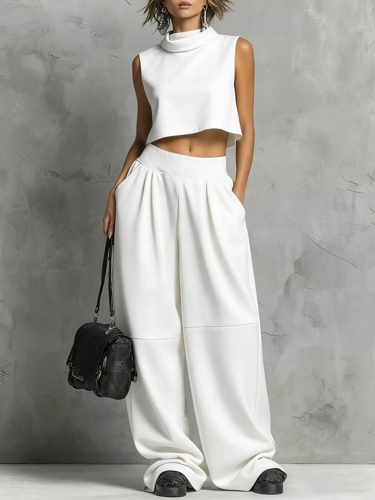 White Mock Neck Crop Top & Wide-Leg Sweatpants Set front view