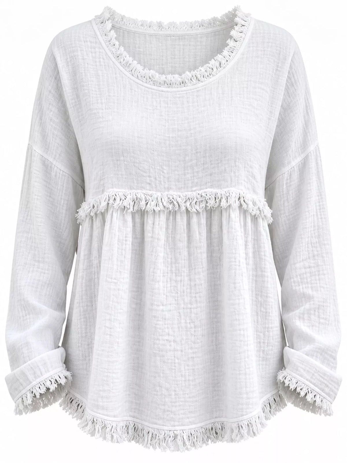 White frayed hem textured blouse, front view
