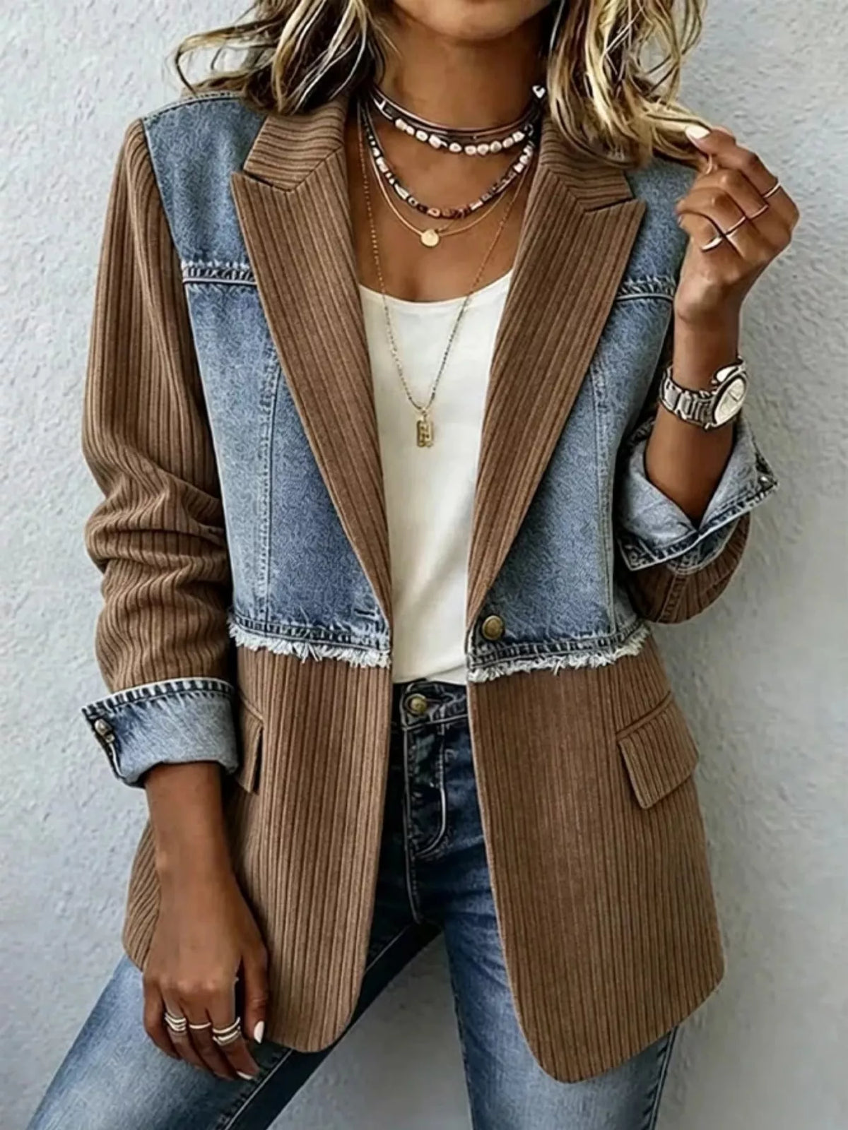 Brown and blue ribbed blazer with contrasting panels, front view