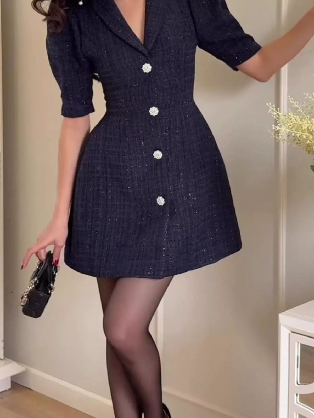 Collared short sleeve mini dress, front view on model