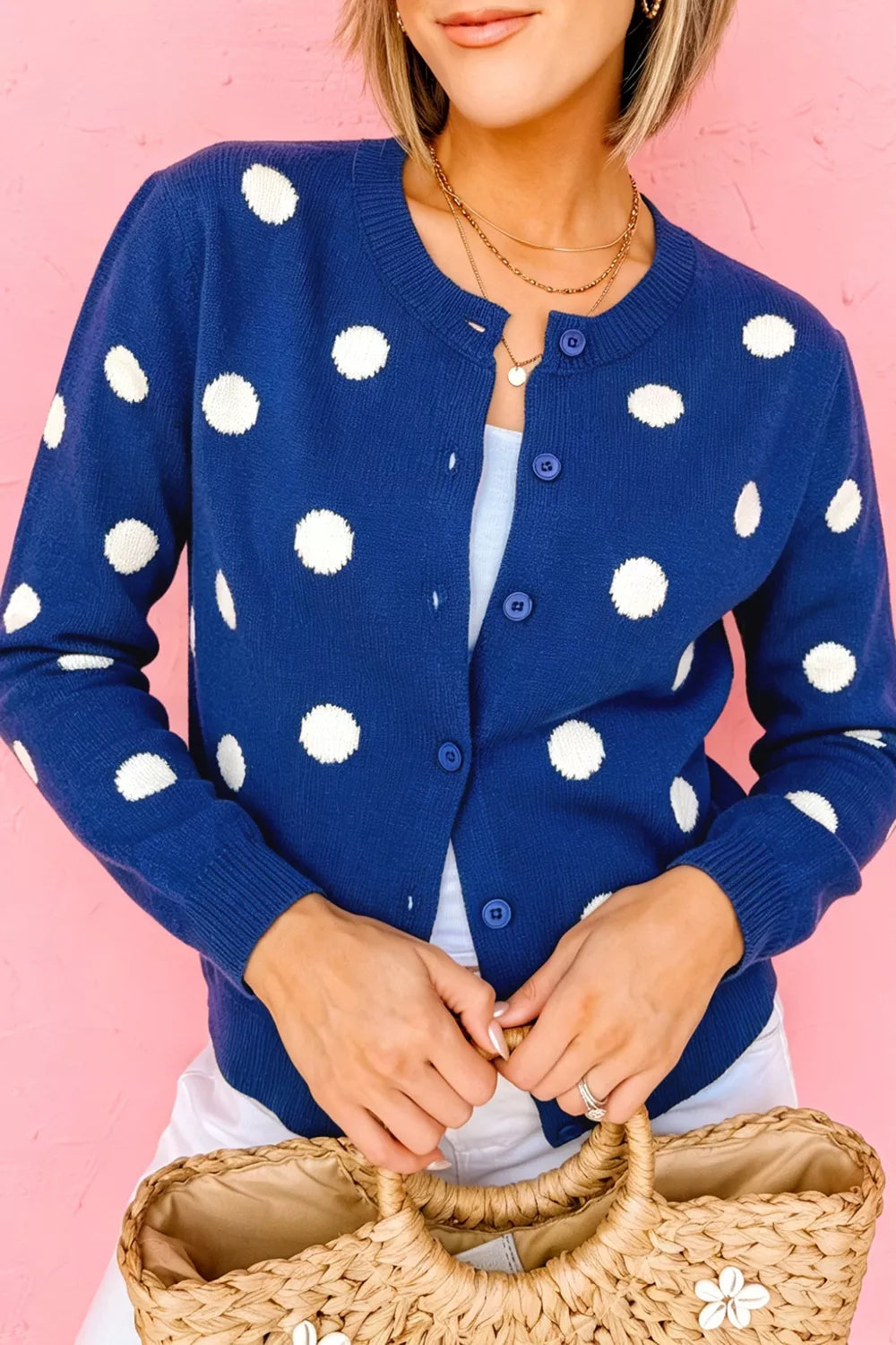 Trendsi Casual Polka Dot Button Front Long Sleeve Sweater Cardigan -