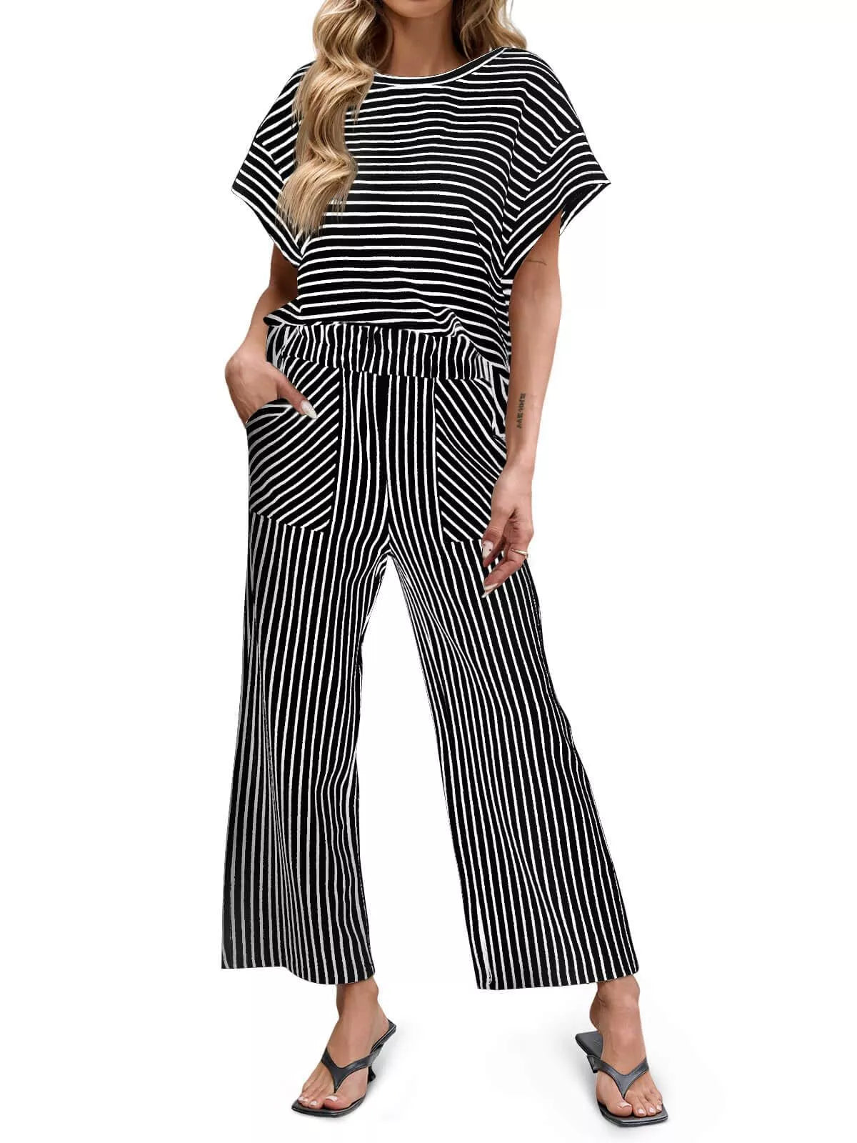 Trendsi Casual Striped Short Sleeve Top and Wide Leg Pants Two-Piece Set -