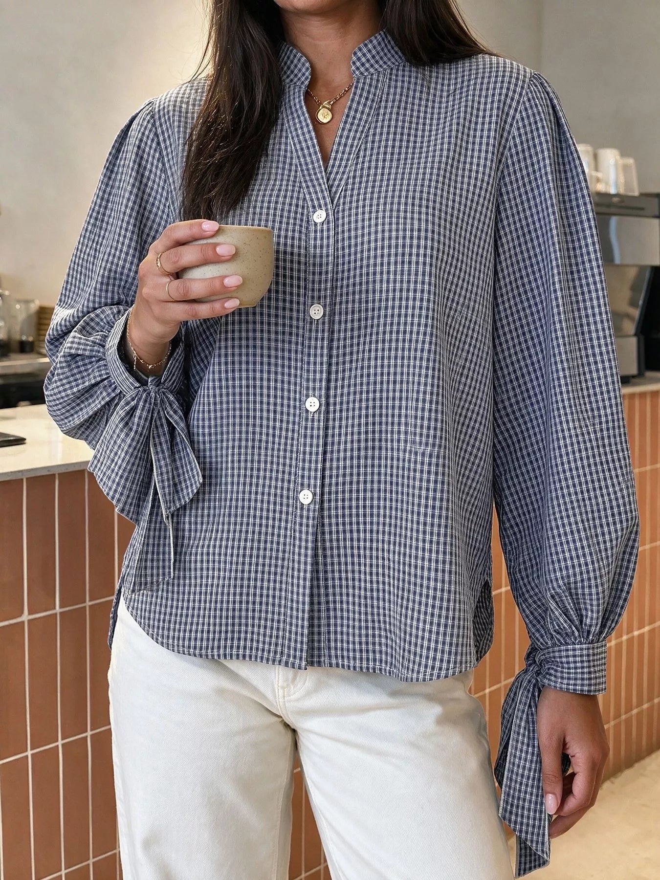 Trendsi Gingham Button Up Shirt with Tie-Sleeve Detail -
