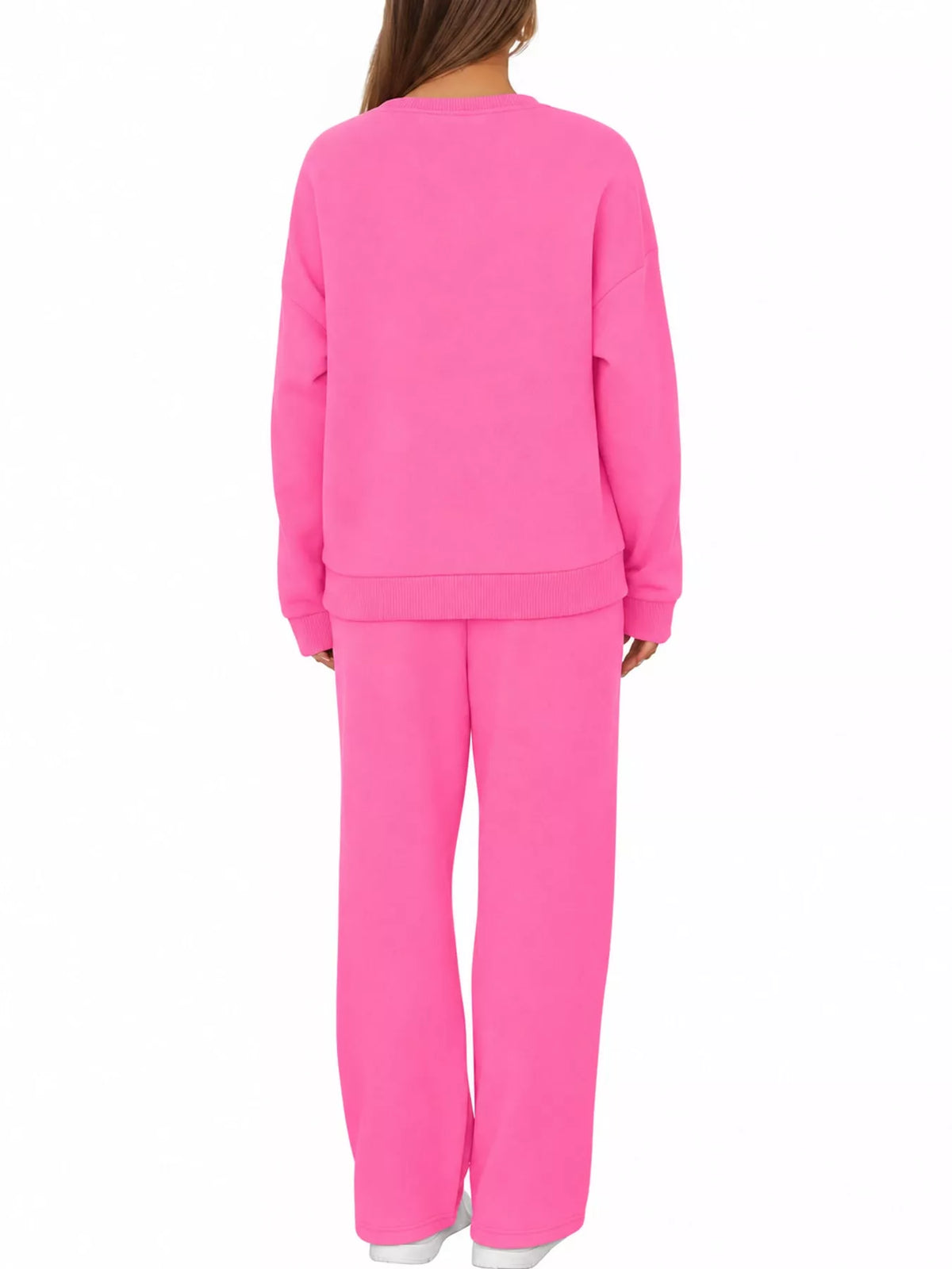 Crewneck Drop Shoulder Sweatshirt and Wide-Leg Pants Set — back view