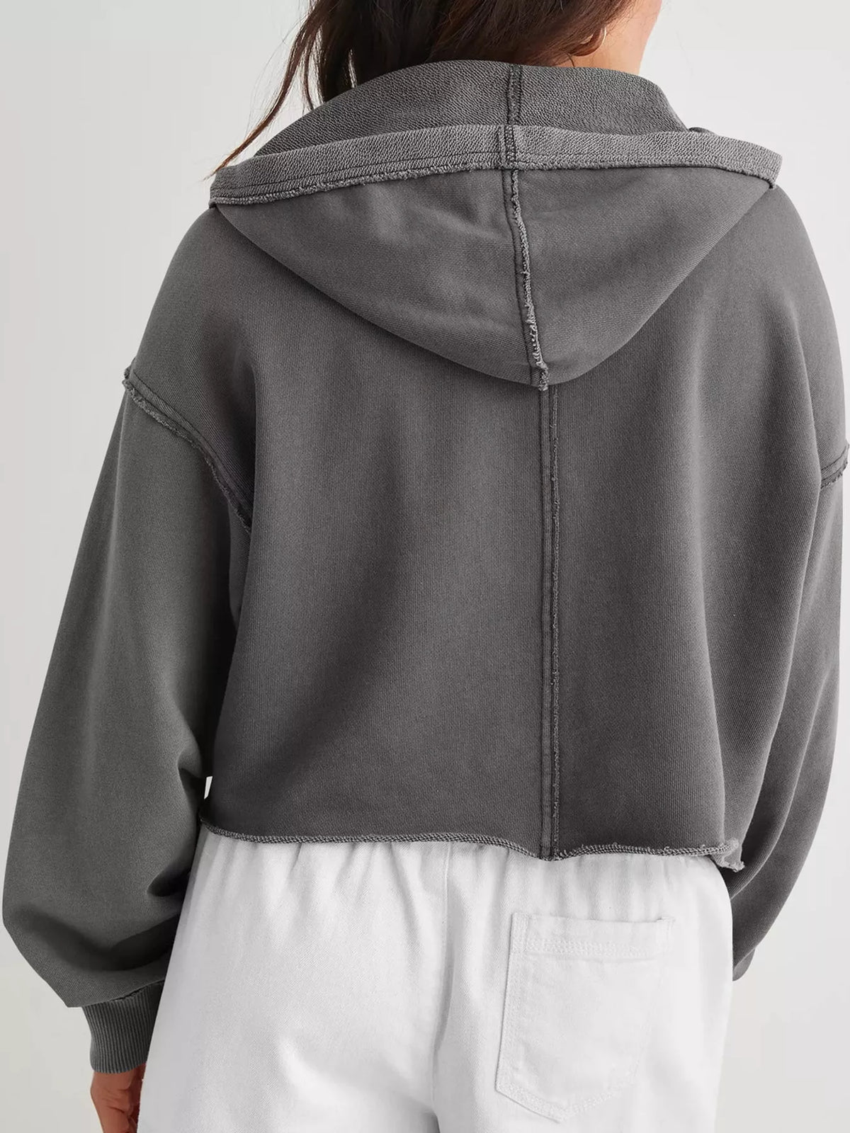Gray dropped shoulder cropped hoodie, back view