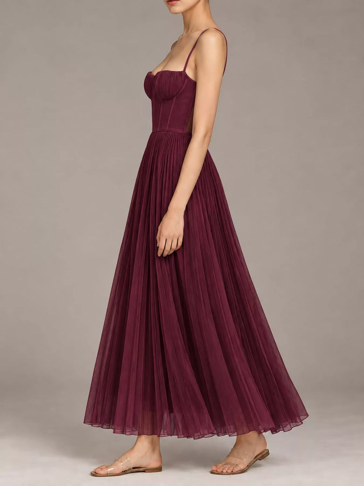 Burgundy pleated sweetheart neck midi dress — side view