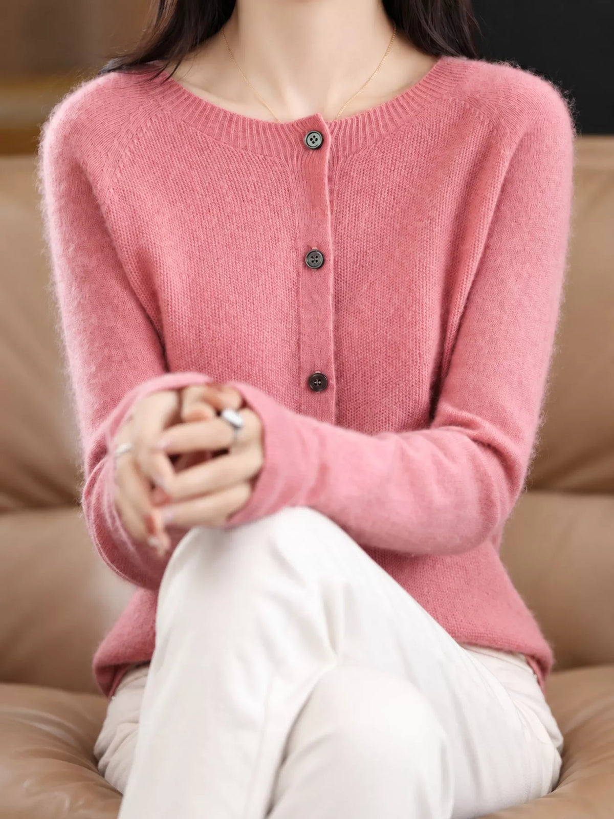 Round neck long sleeve cardigan, front view on model