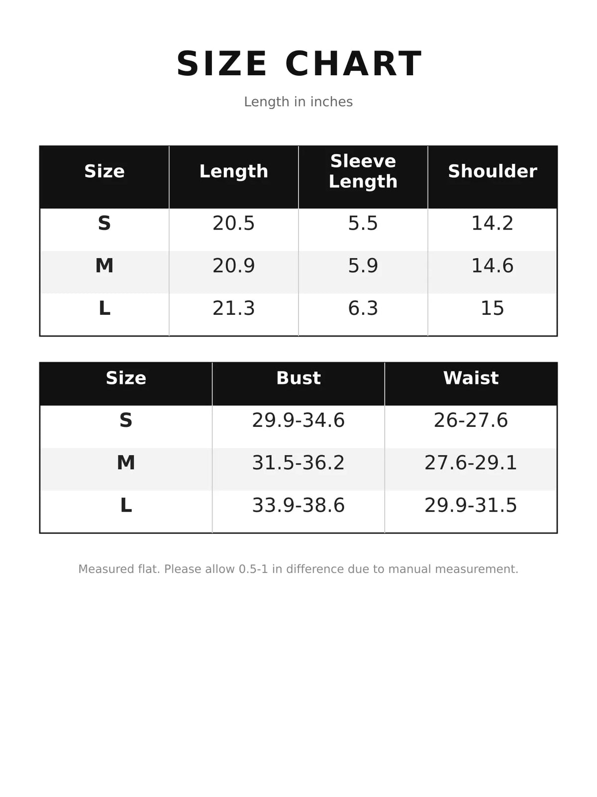 Size chart for lace short sleeve t-shirt