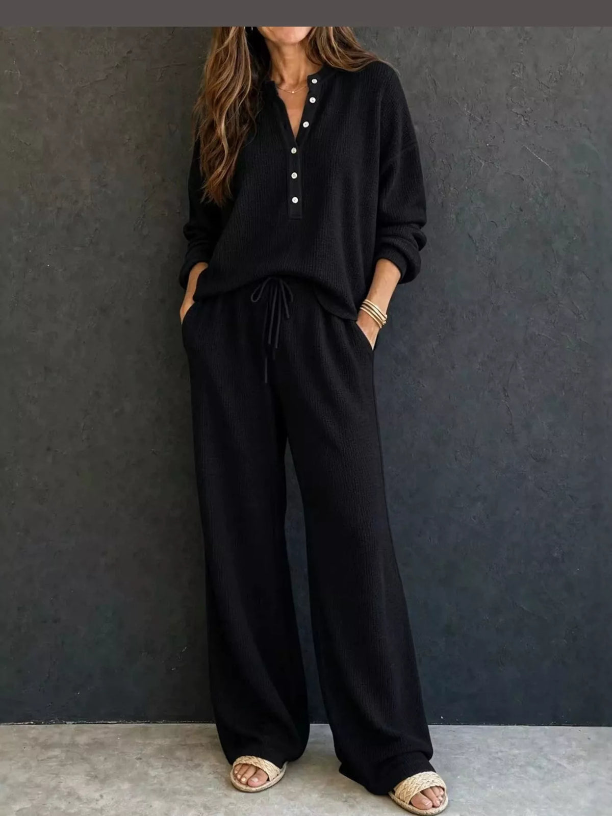 Black waffle knit button detail top and pants set