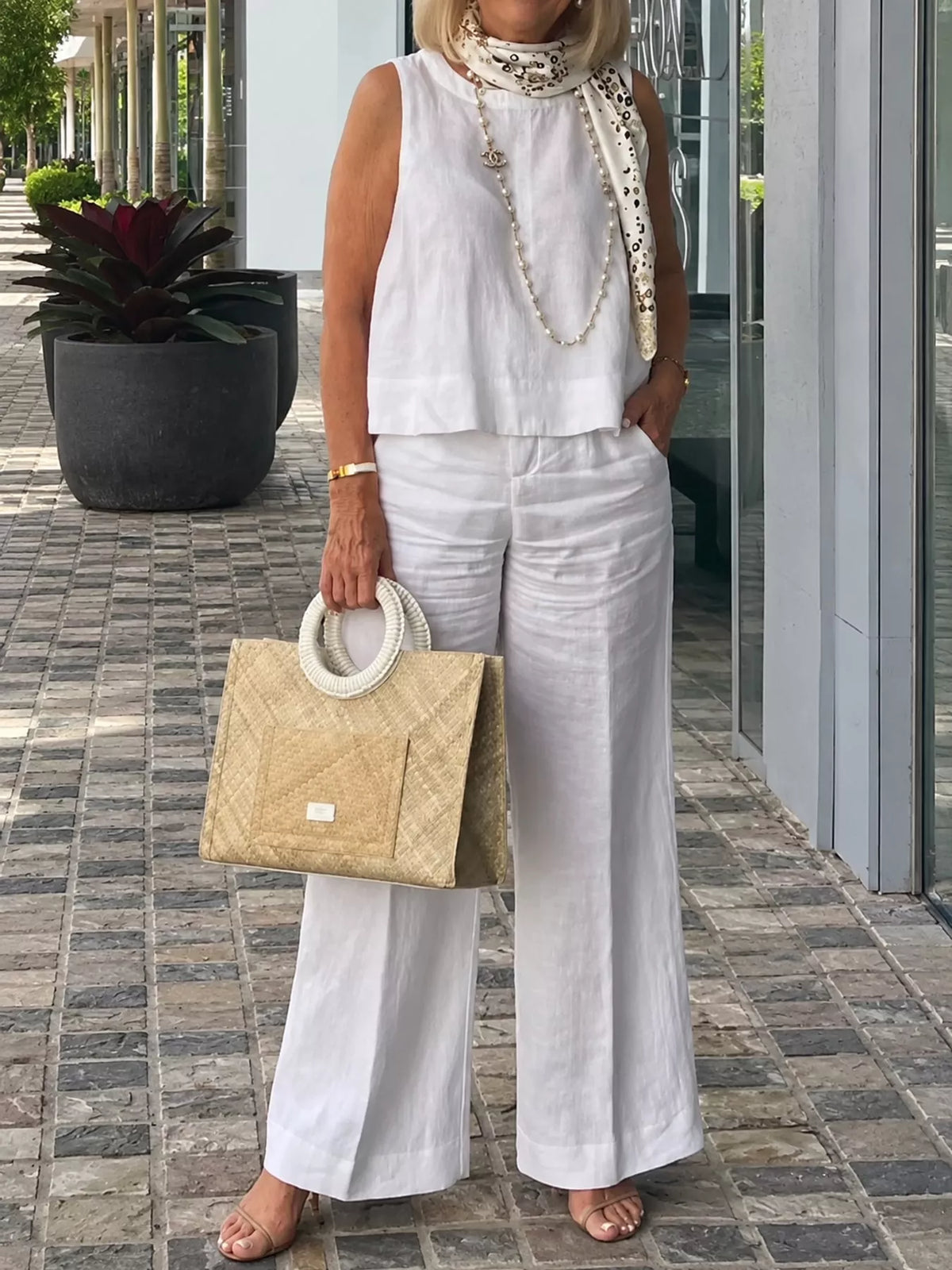 Sleeveless Top and Wide-Leg Pants Set — front view