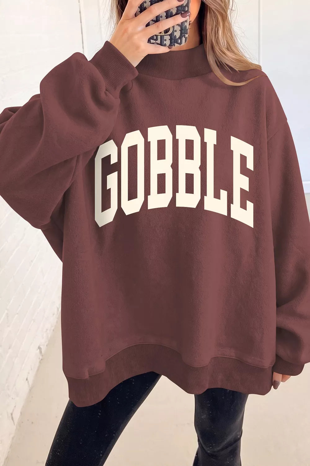 Brown Thanksgiving sweatshirt with GOBBLE lettering
