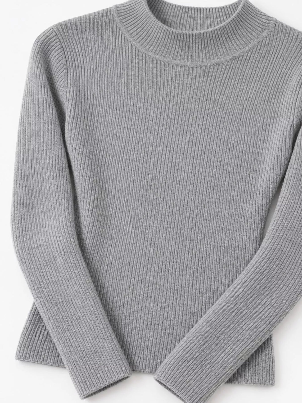 Gray ribbed mock neck long sleeve knit top, ribbed knit and neckline detail