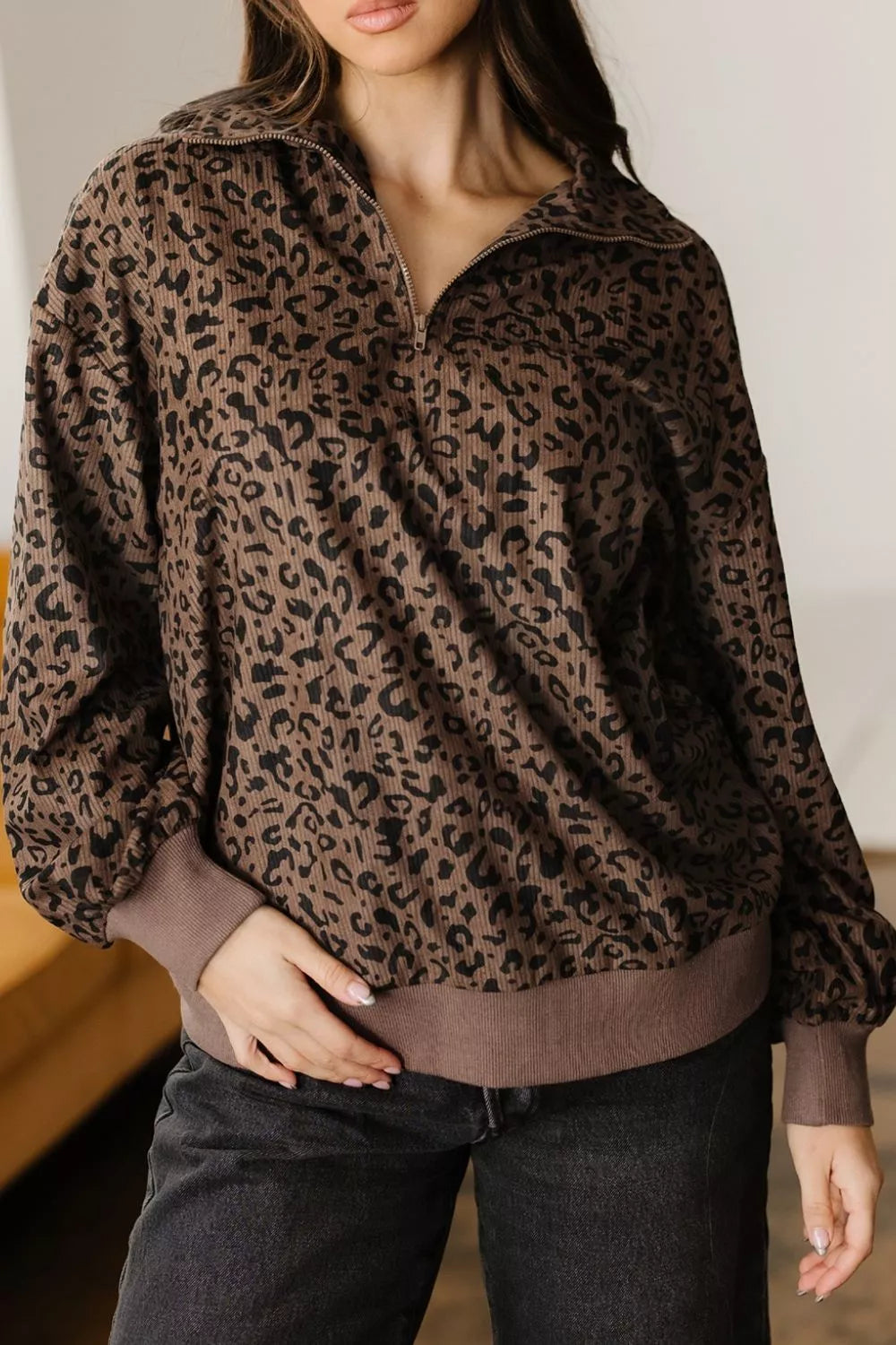 Trendsi Leopard Print Quarter-Zip Sweatshirt -