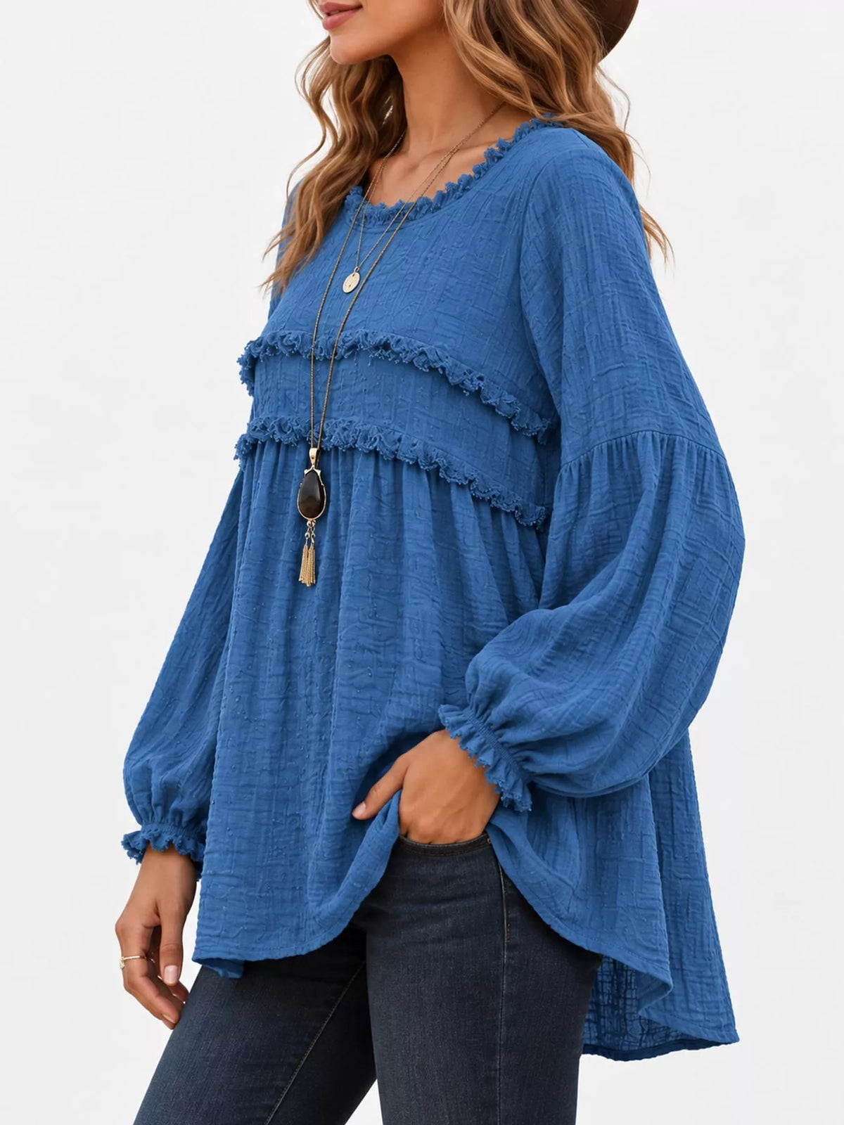Blue textured frayed-trim peplum blouse