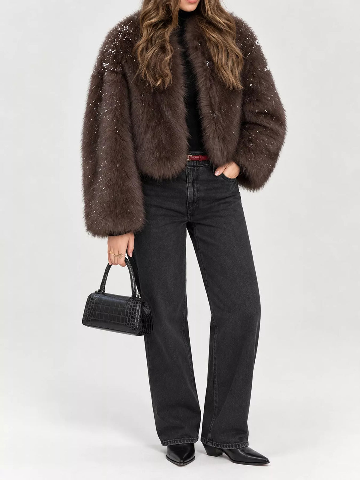 Faux Fur Cropped Coat in coffee with dyed tips