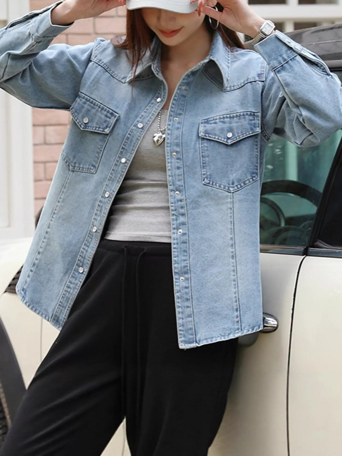Snap Down Cropped Denim Shacket in blue