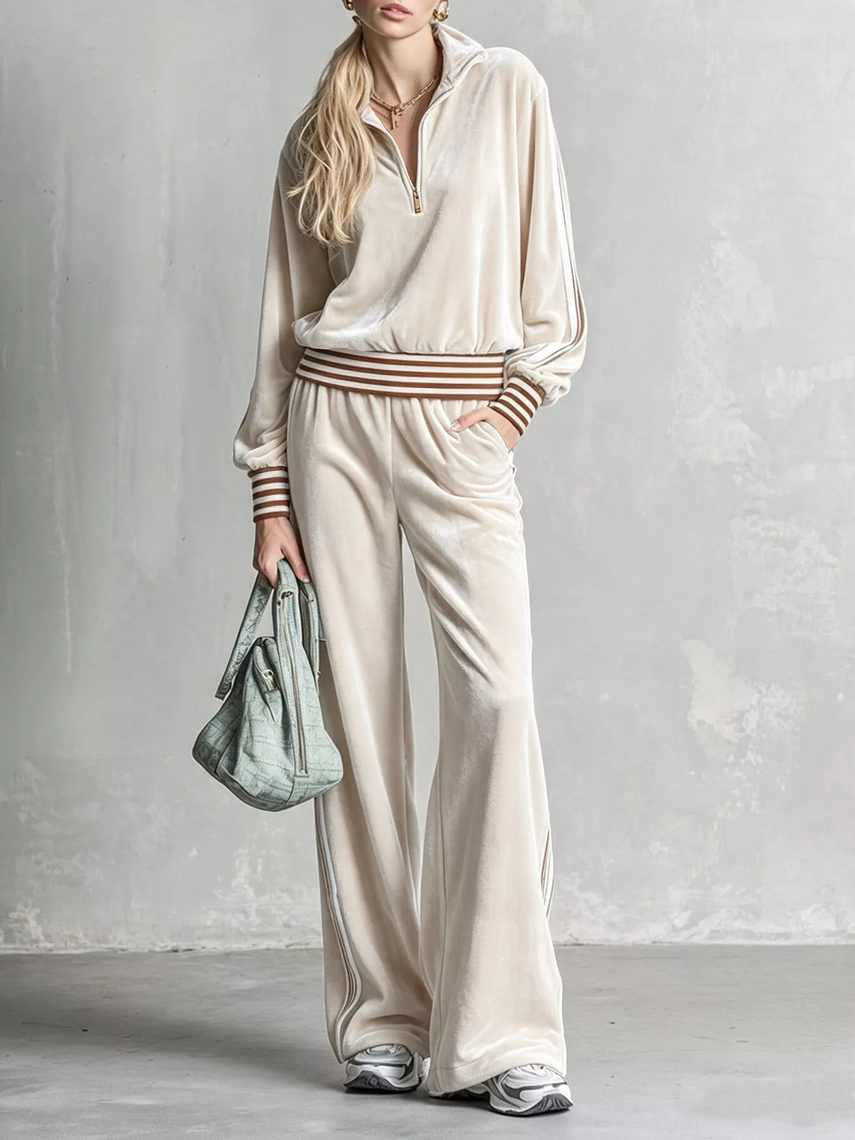 Cream striped half-zip top and pants set, front view