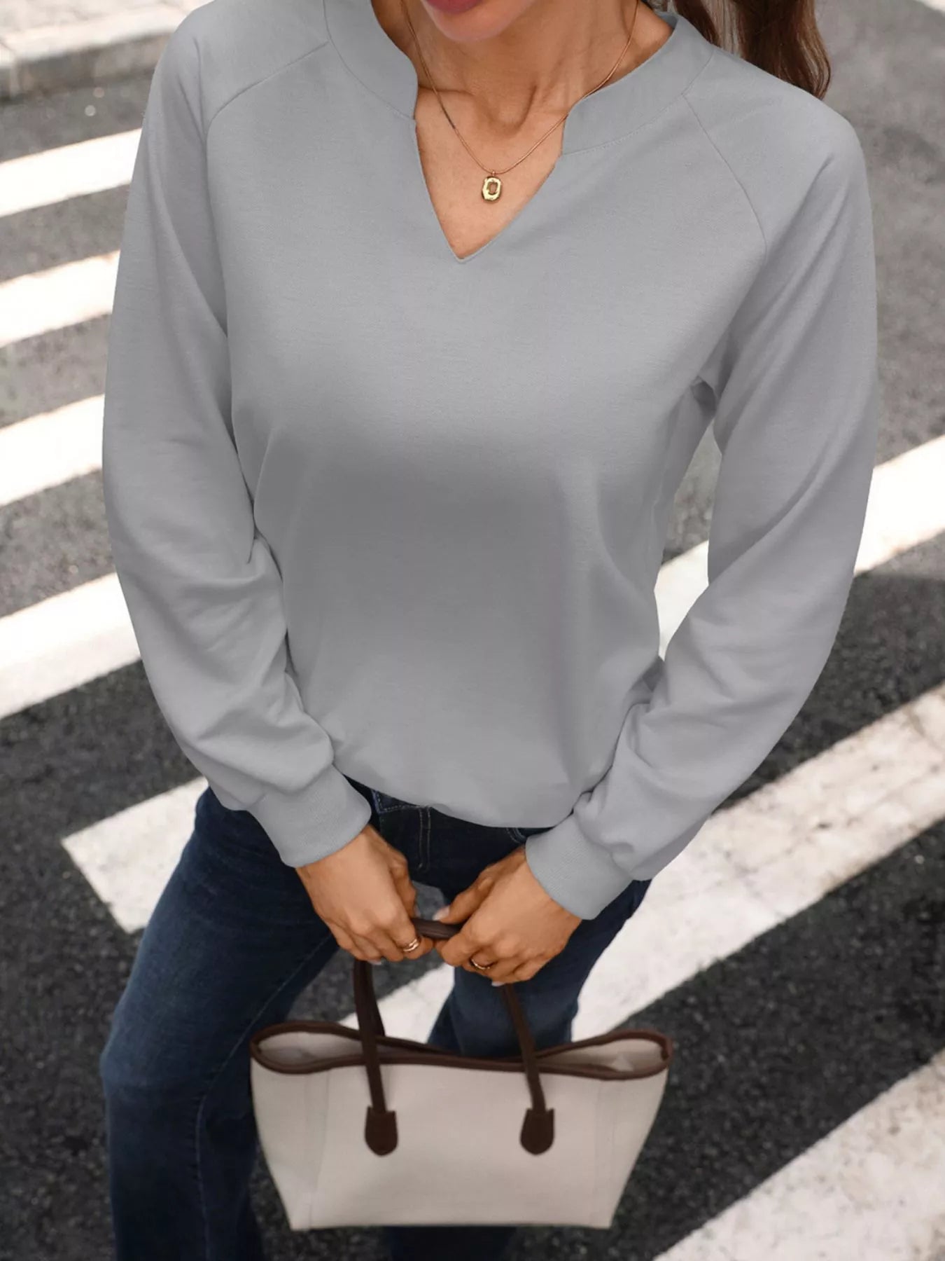 Trendsi Notched Raglan Sleeve Sweatshirt -