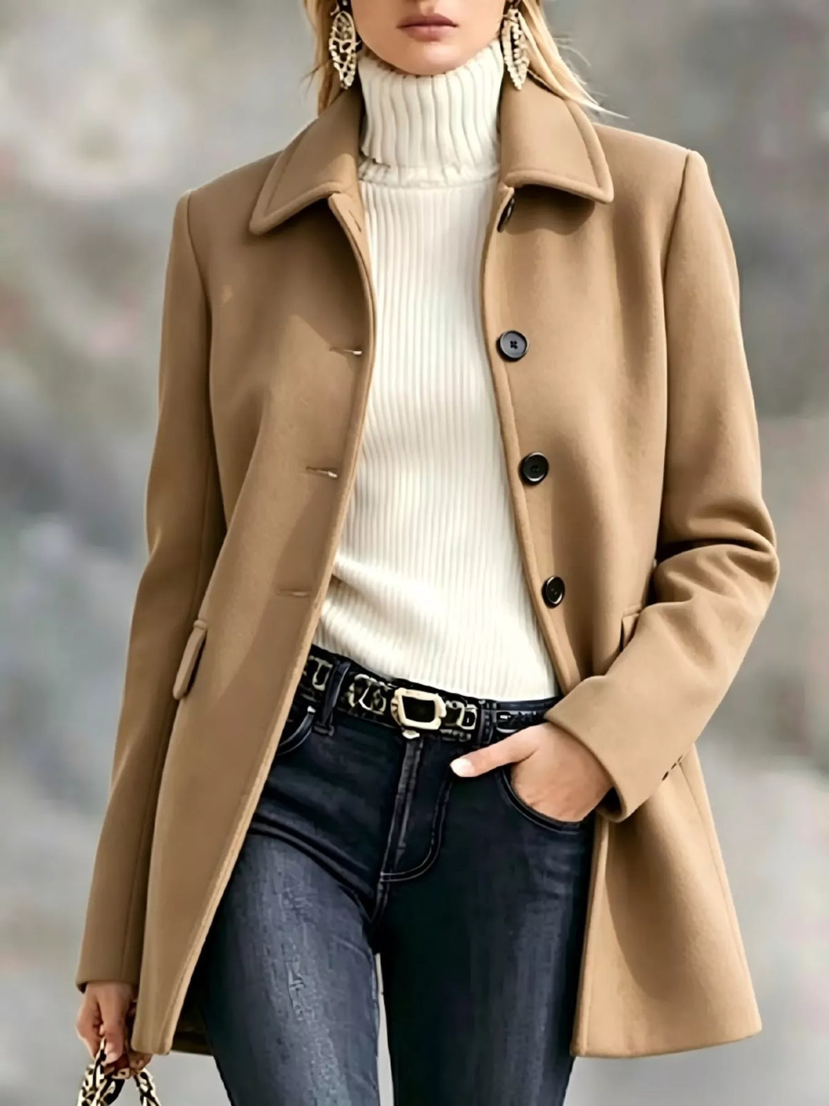 Women's Button Up Longline Coat in camel — front view