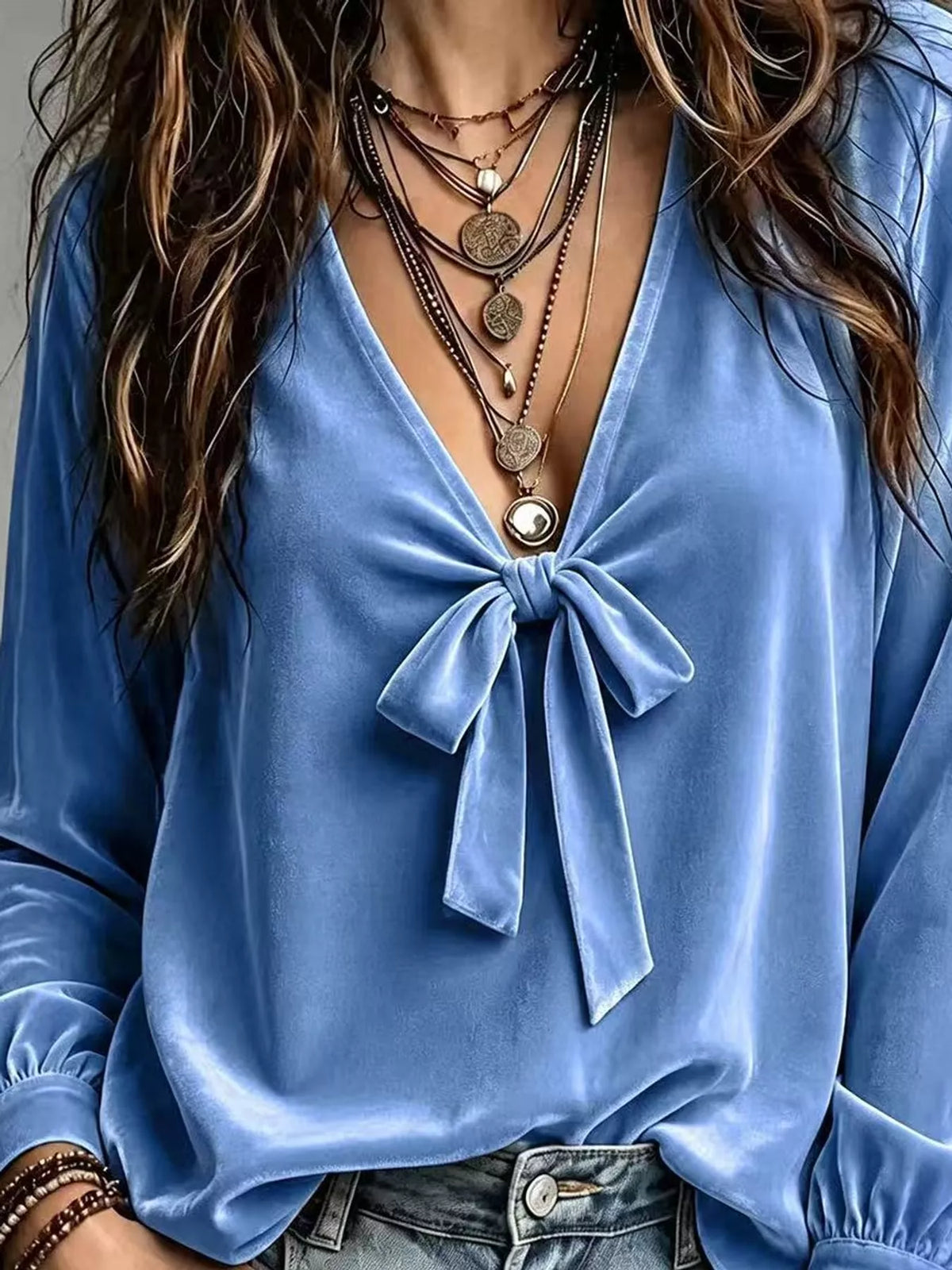 Blue front bow-tie V-neck top