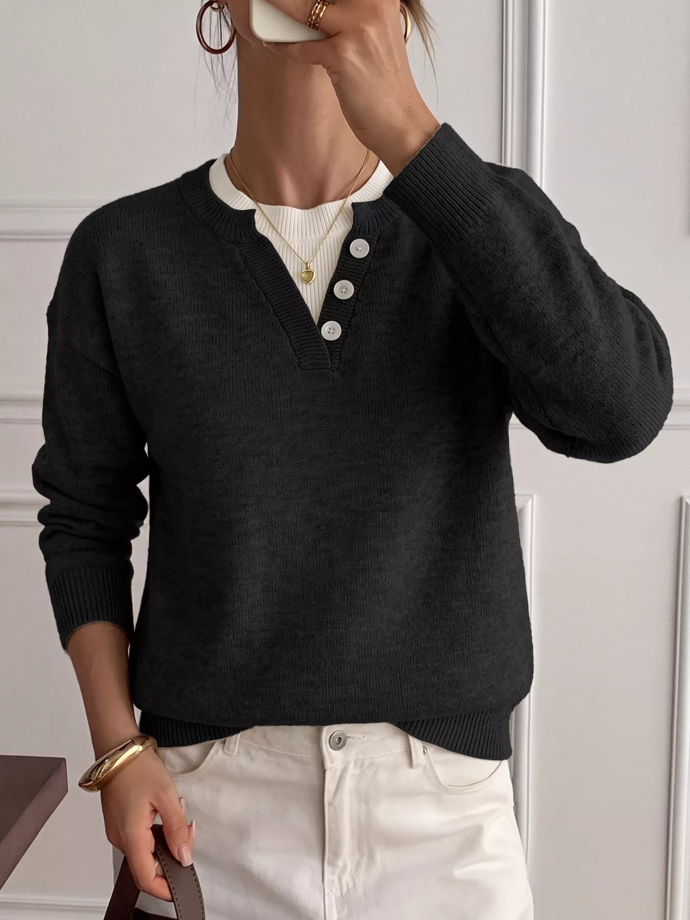 Trendsi Decor Button-Placket Ribbed Knit Sweater -