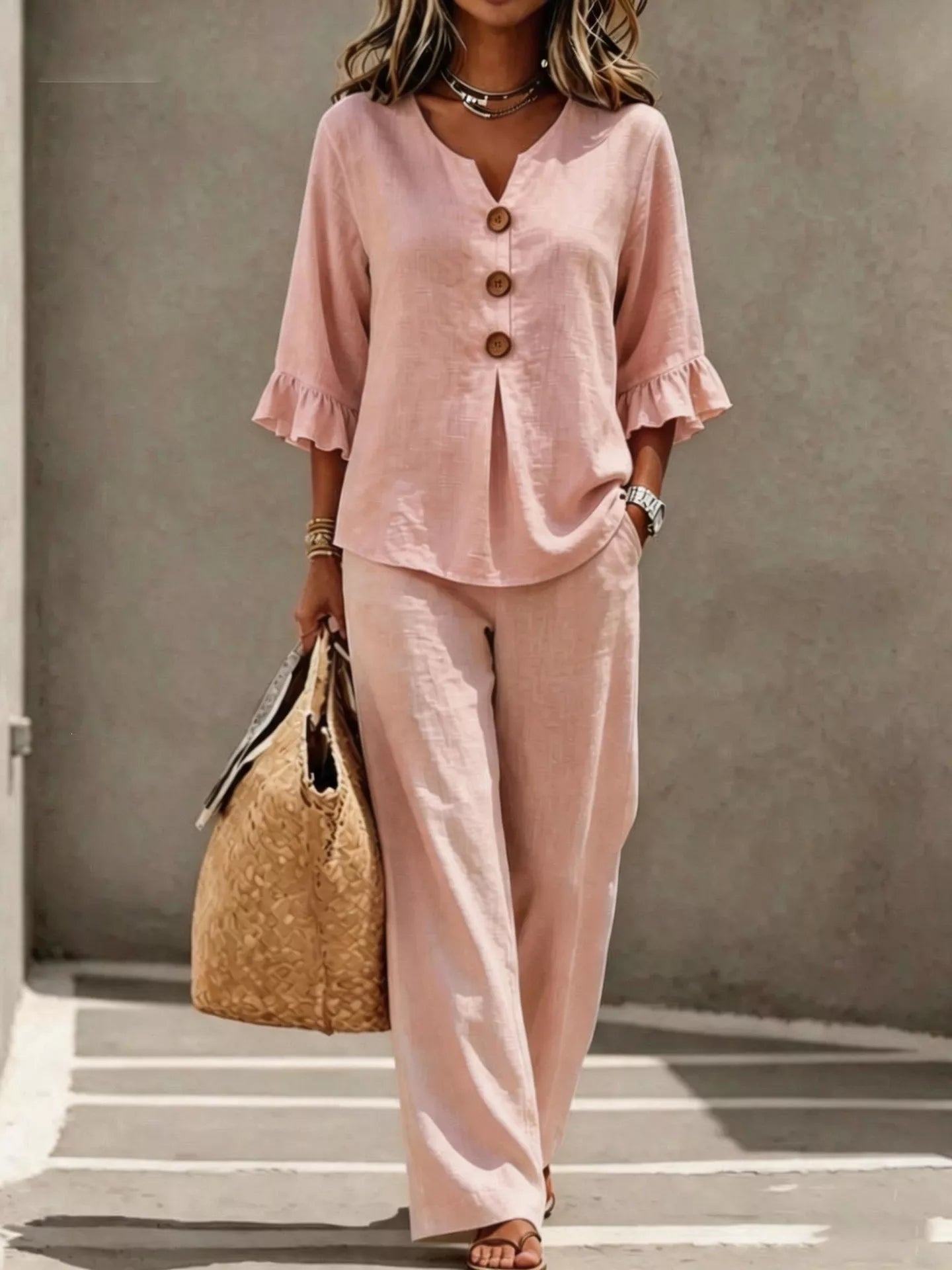 Trendsi Full Size Decor Button Ruffled Top and Wide-Leg Pants Set Plus Size -