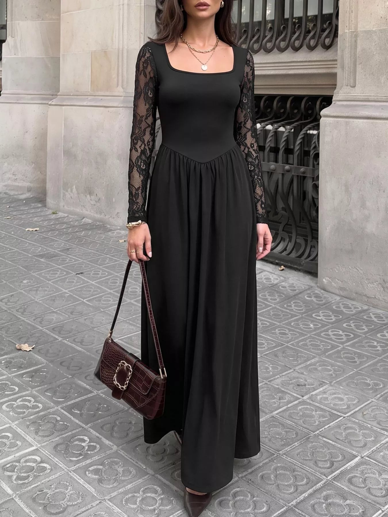 Trendsi Square Neck Sheer Sleeve Maxi Dress -
