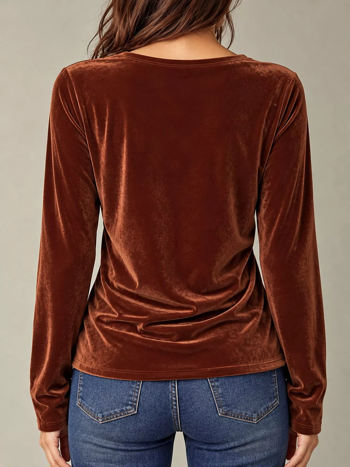 Women's V-Neck Velvet Long Sleeve T-Shirt in brown — back view