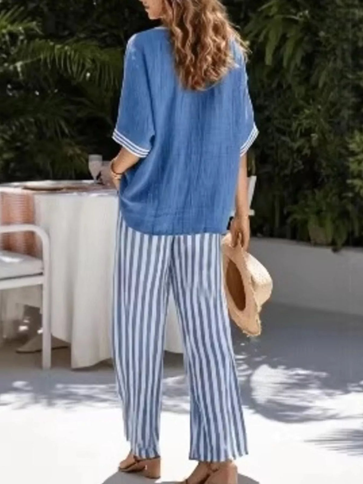 Blue v-neck striped top and pants two-piece set — back view