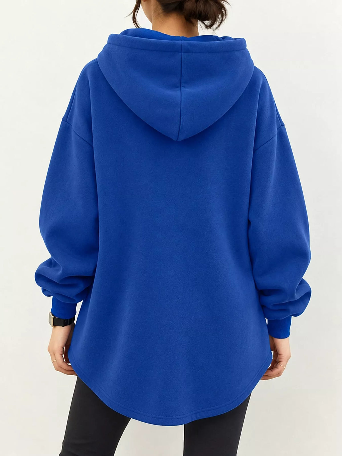 Blue drawstring hoodie, back view