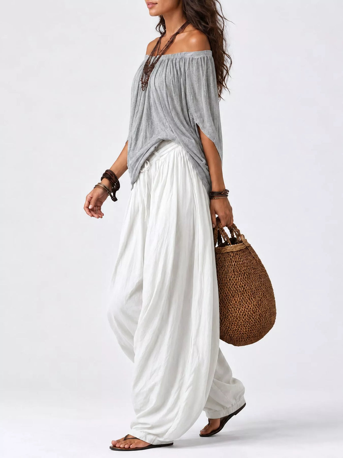 Gray top and white pants off-shoulder top and wide-leg harem pants set — side view