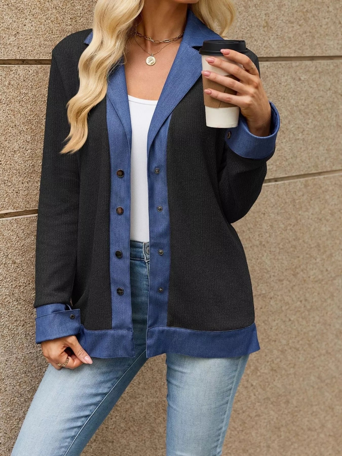Trendsi Contrast Denim Lapel Collar Outerwear -