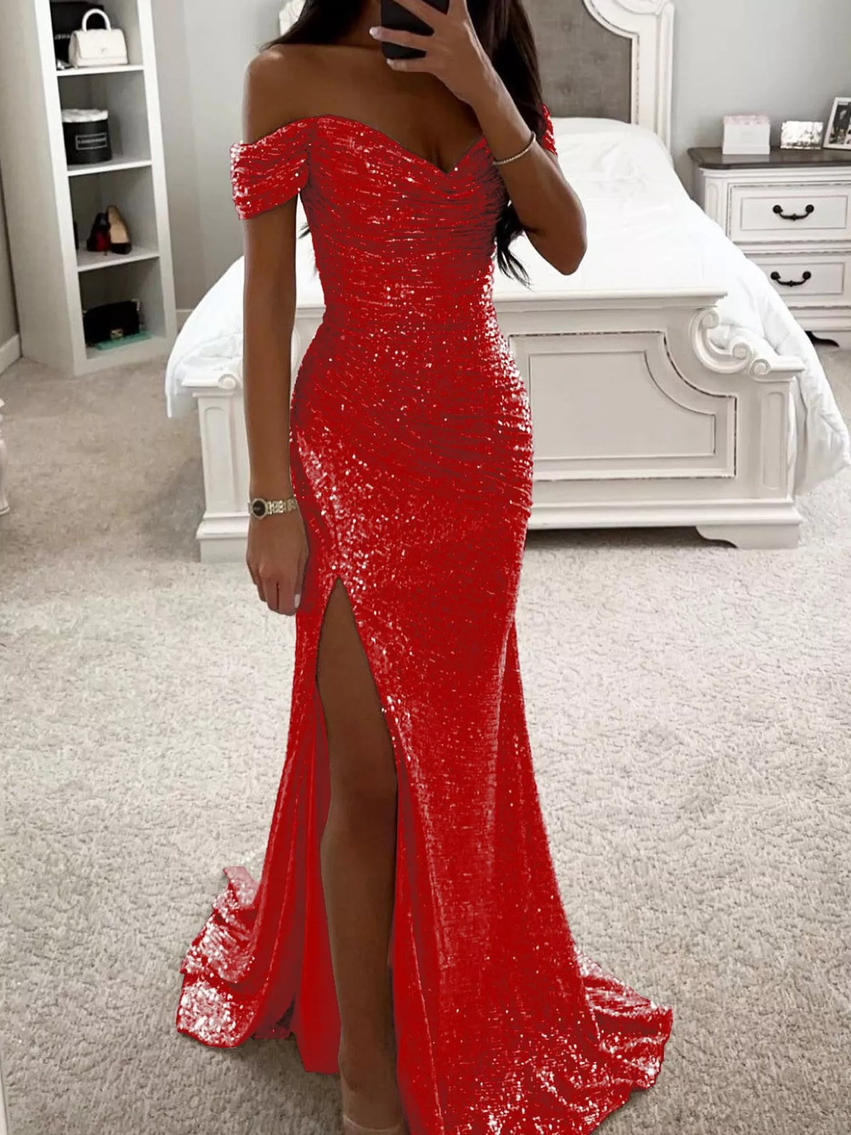 Off-shoulder short sleeve maxi dress, front view on model