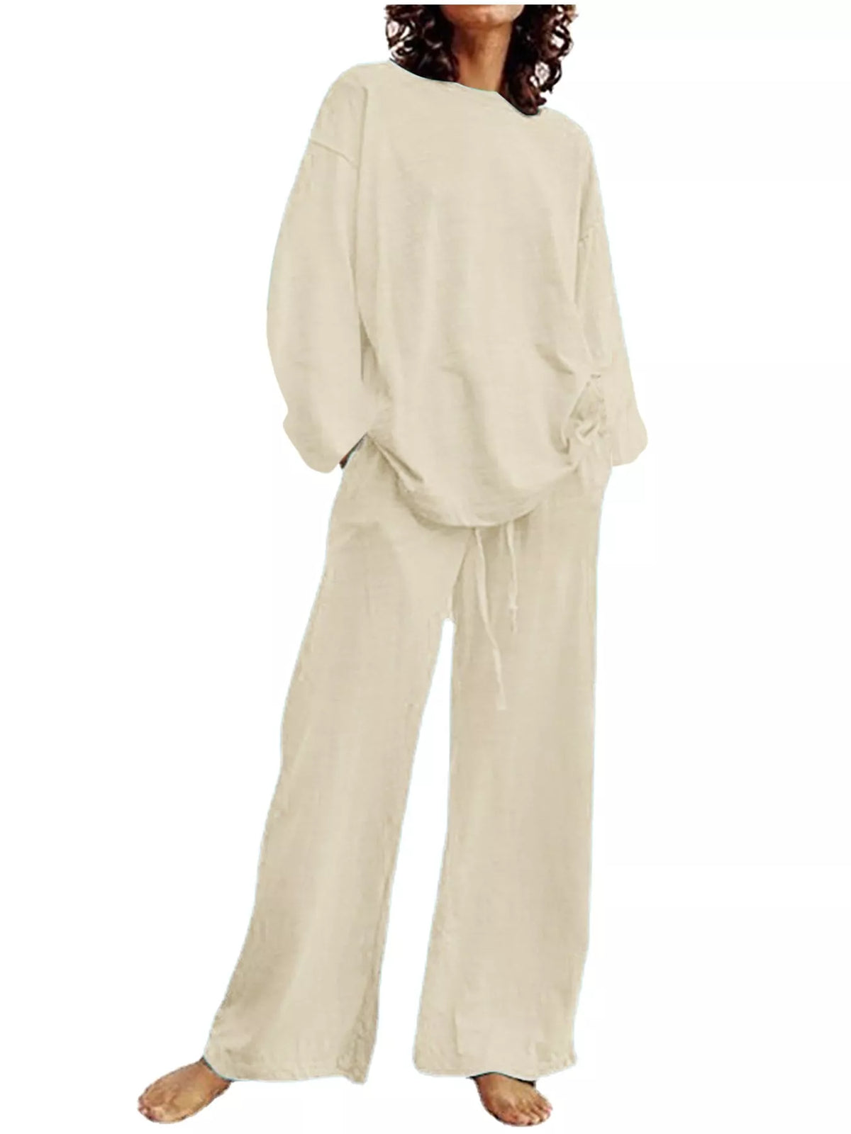 Women's Round Neck Top and Drawstring Wide-Leg Pants Set in cream — front view