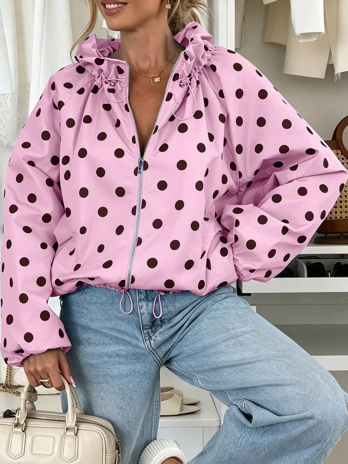Polka Dot Drawstring Zip-Up Jacket — front view