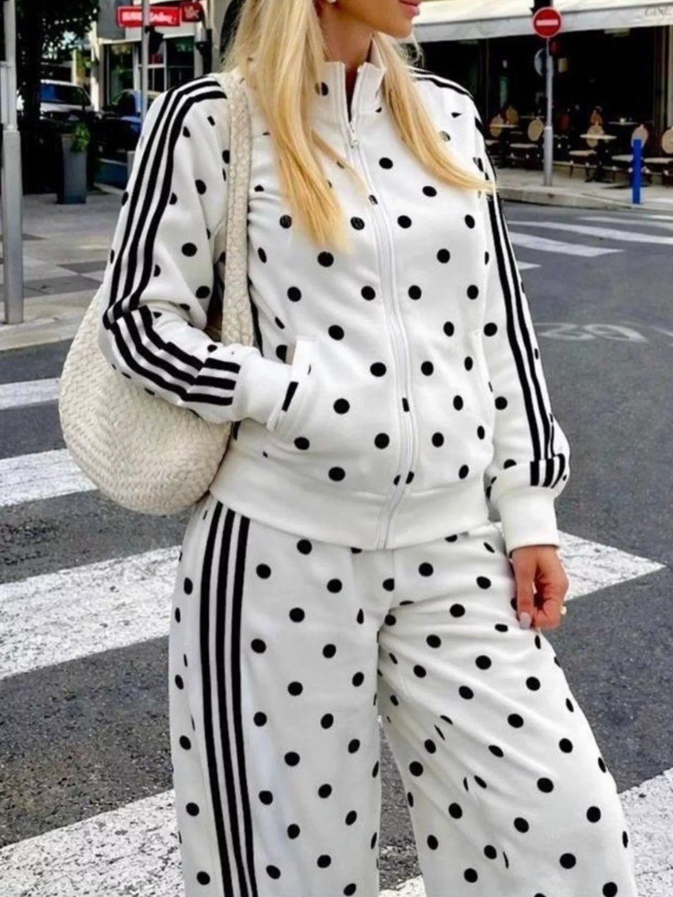 Trendsi Polka Dot Side Striped Outerwear and Pants Set -