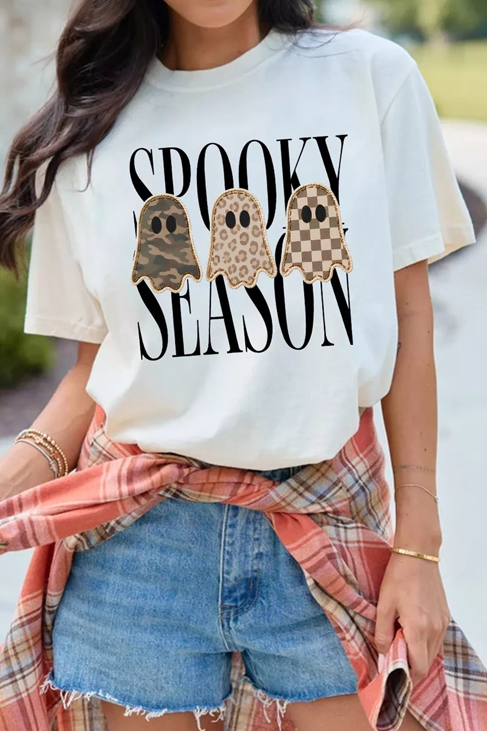 Women's white spooky ghost graphic Halloween short sleeve T-shirt