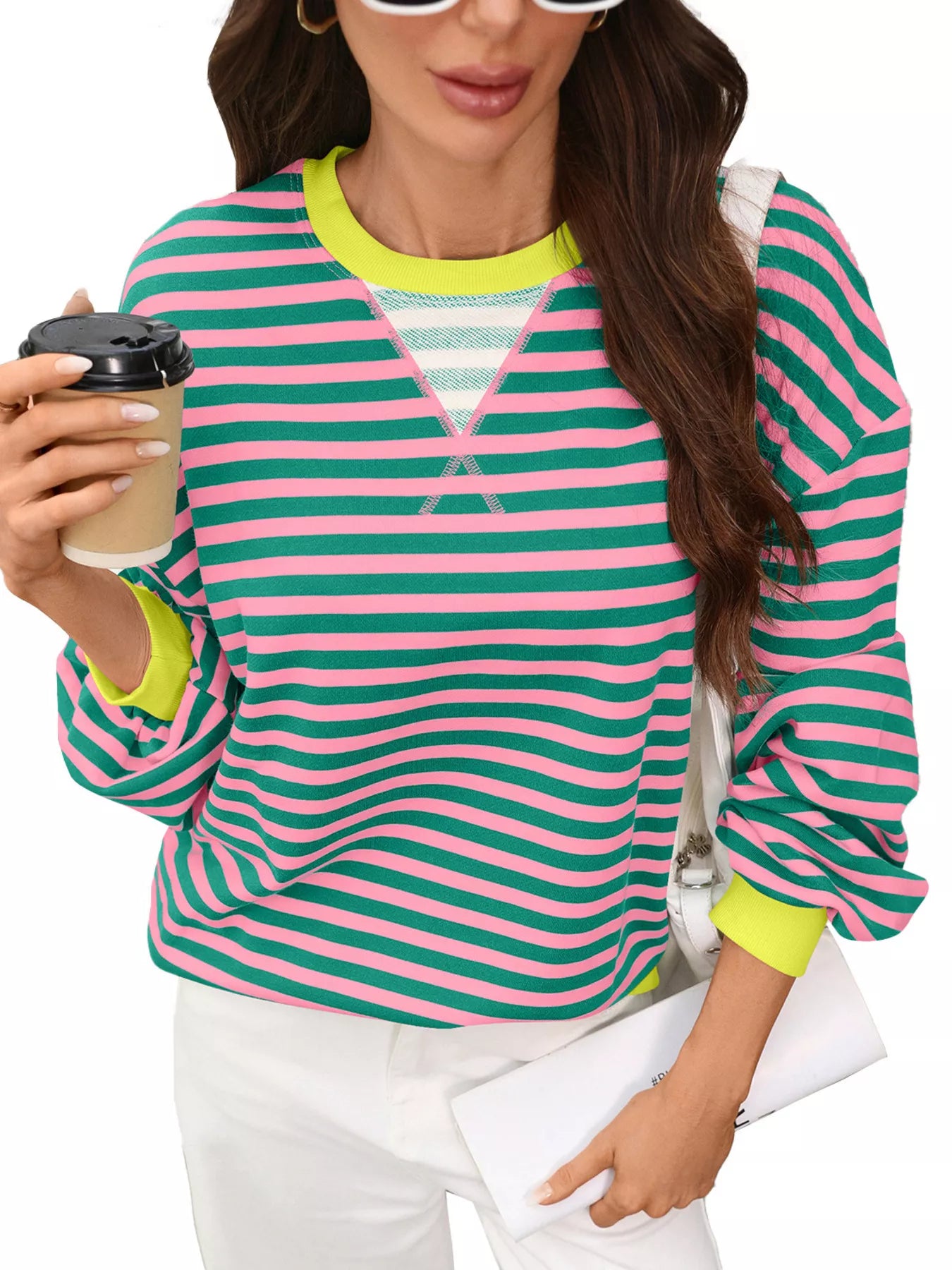 Trendsi Contrast Trim Striped Crew Neck Sweatshirt -