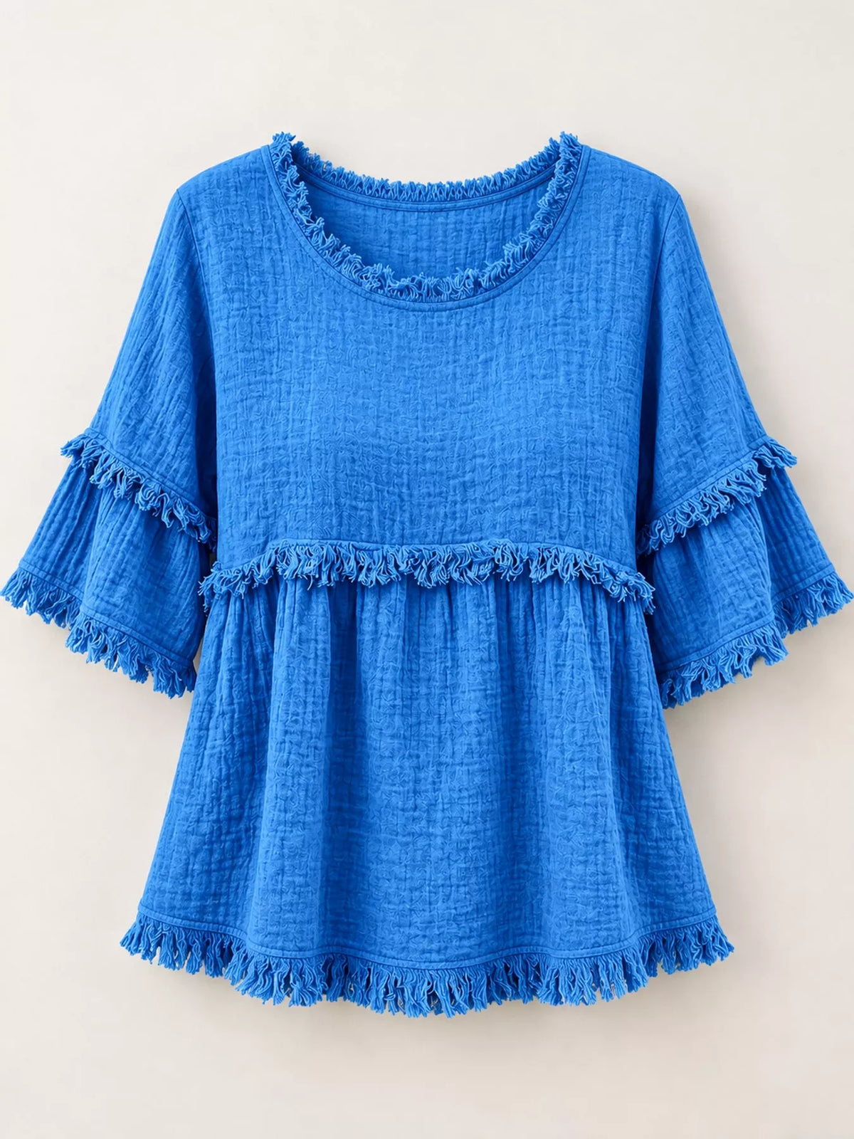 Blue frayed edge textured blouse