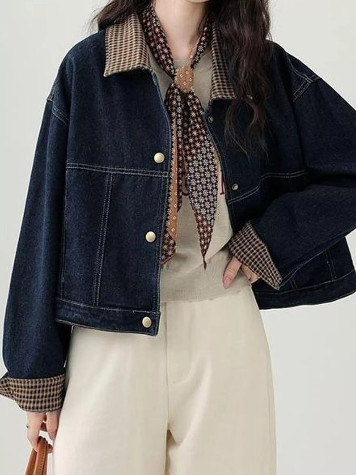 Snap-Front Plaid Collar Denim Jacket — front view