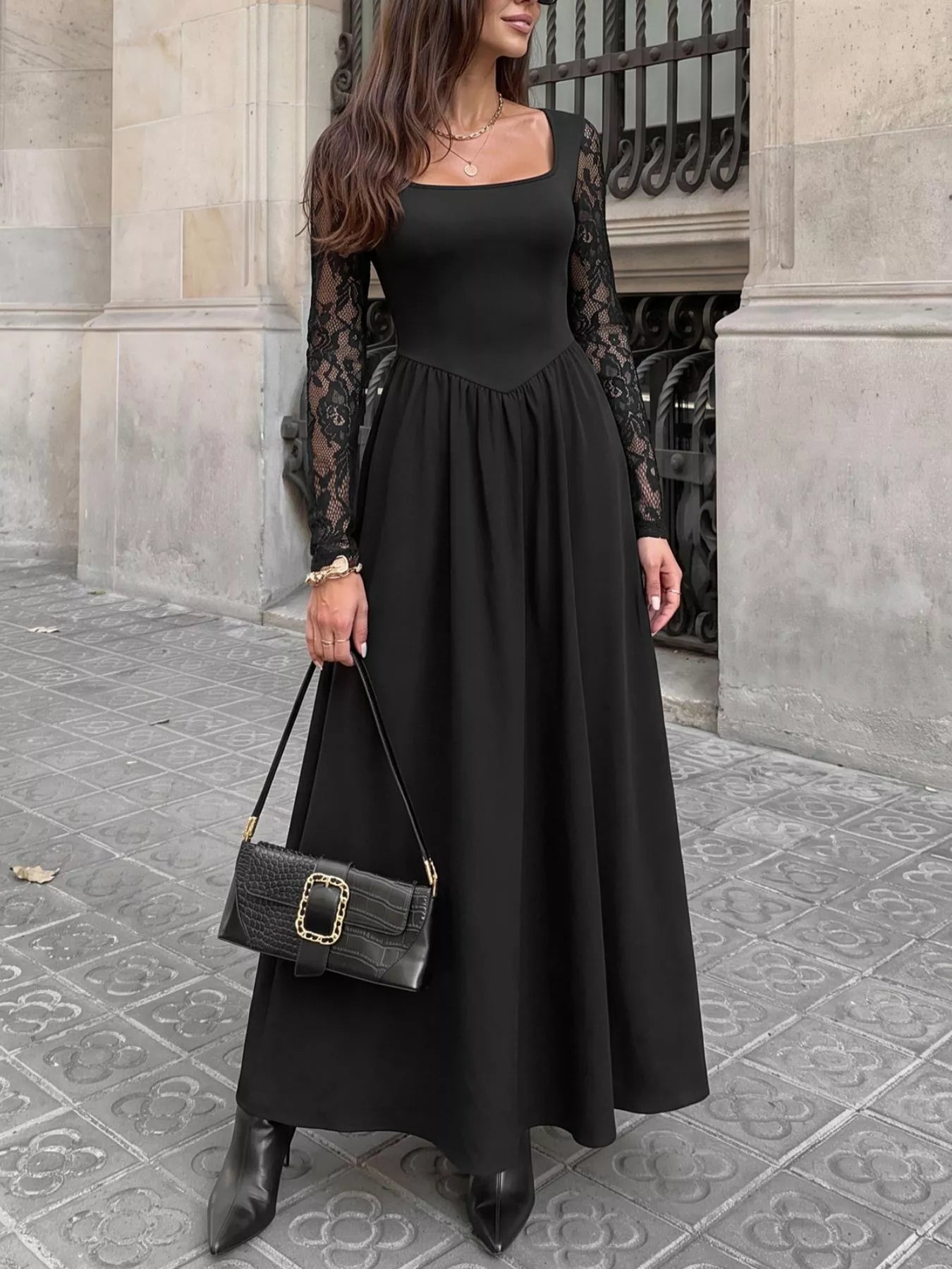 Trendsi Square Neck Sheer Sleeve Maxi Dress -